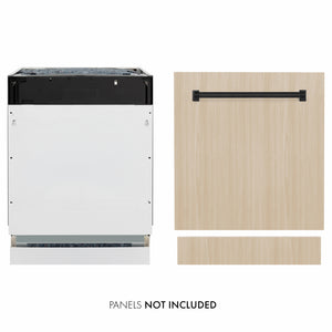 ZLINE Autograph Edition 24 in. Tallac Series 3rd Rack Dishwasher with Auto Door Open Drying, 51dBa, Panel Ready with Matte Black Handle (DWVZ-24-MB) front, side-by-side compared to custom panel.