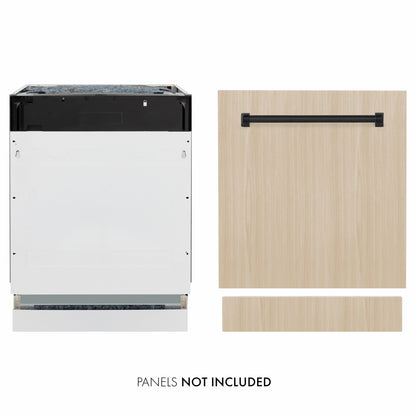 ZLINE Autograph Edition 24 in. Tallac Series 3rd Rack Dishwasher with Auto Door Open Drying, 51dBa, Panel Ready with Matte Black Handle (DWVZ-24-MB) front, side-by-side compared to custom panel.