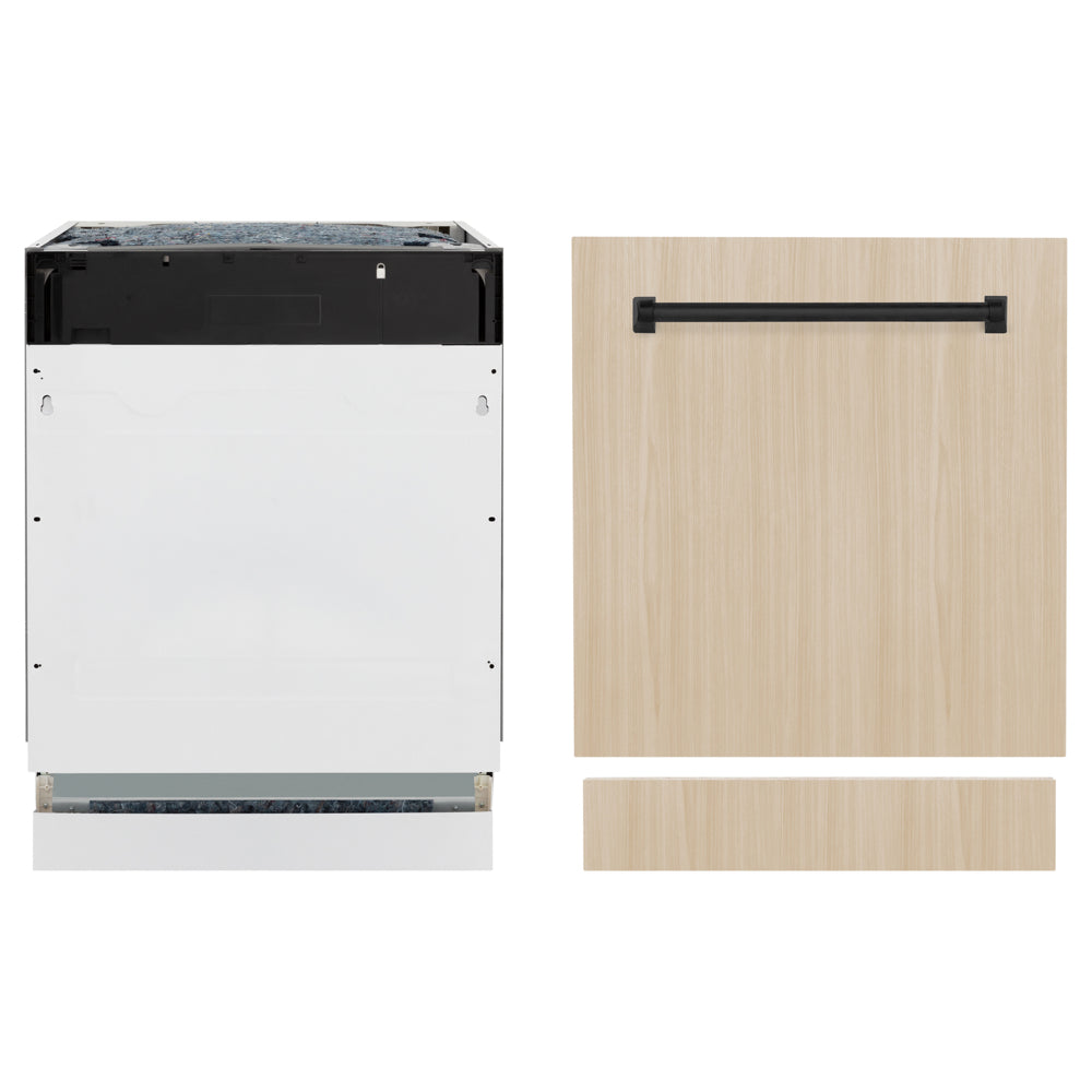 ZLINE Autograph Edition 24 in. Tallac Series 3rd Rack Dishwasher with Auto Door Open Drying, 51dBa, Panel Ready with Matte Black Handle (DWVZ-24-MB) front, side-by-side compared to custom panel.