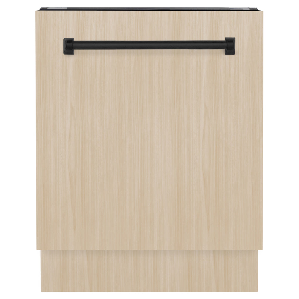 ZLINE Autograph Edition 24 in. Tallac Series 3rd Rack Dishwasher with Auto Door Open Drying, 51dBa, Panel Ready with Matte Black Handle (DWVZ-24-MB) front, with custom panel.