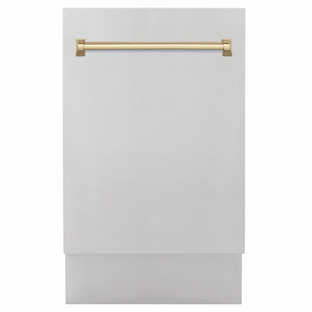 ZLINE Autograph Edition 18 in. Tallac Series 3rd Rack Dishwasher with Auto Door Open Drying, 51dBa, Stainless Steel Panel with Champagne Bronze Handle (DWVZ-304-18-CB)