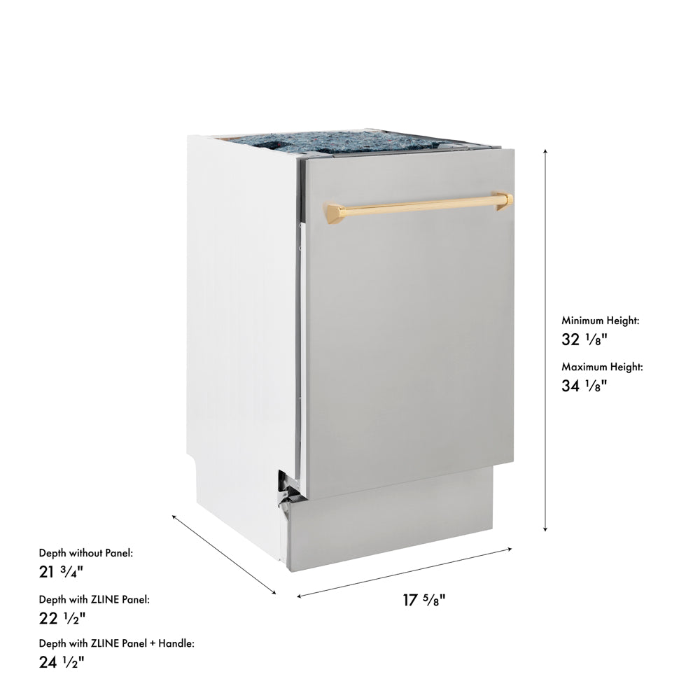 ZLINE Autograph Edition 18 in. Tallac Series 3rd Rack Dishwasher with Auto Door Open Drying, 51dBa, Stainless Steel Panel with Polished Gold Handle (DWVZ-304-18-G) with dimensions labeled.