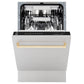 ZLINE Autograph Edition 18 in. Tallac Series 3rd Rack Dishwasher with Auto Door Open Drying, 51dBa, Stainless Steel Panel with Polished Gold Handle (DWVZ-304-18-G) front, door half open.