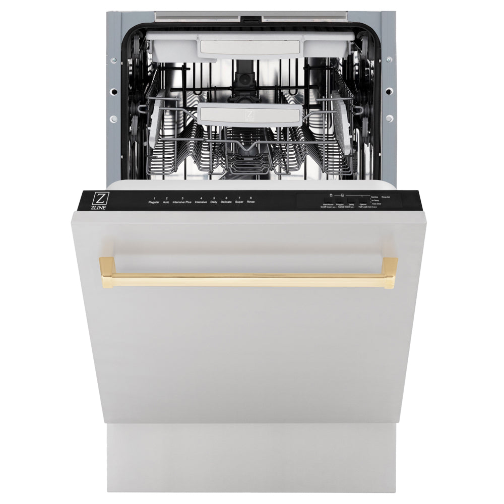 ZLINE Autograph Edition 18 in. Tallac Series 3rd Rack Dishwasher with Auto Door Open Drying, 51dBa, Stainless Steel Panel with Polished Gold Handle (DWVZ-304-18-G) front, door half open.
