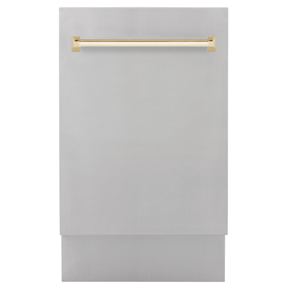 ZLINE Autograph Edition 18 in. Tallac Series 3rd Rack Dishwasher with Auto Door Open Drying, 51dBa, Stainless Steel Panel with Polished Gold Handle (DWVZ-304-18-G) main image.