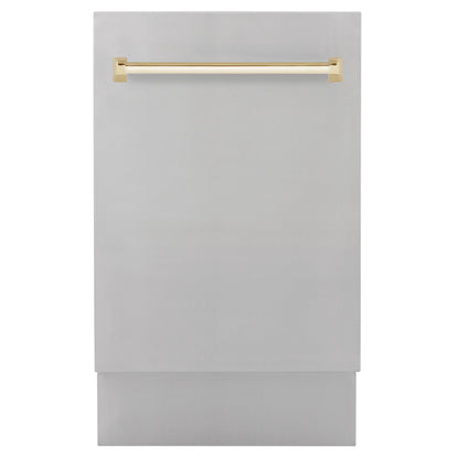 ZLINE Autograph Edition 18 in. Tallac Series 3rd Rack Dishwasher with Auto Door Open Drying, 51dBa, Stainless Steel Panel with Polished Gold Handle (DWVZ-304-18-G) main image.