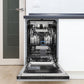ZLINE Autograph Edition 18 in. Tallac Series 3rd Rack Dishwasher with Auto Door Open Drying, 51dBa, Stainless Steel Panel with Polished Gold Handle (DWVZ-304-18-G) front, open, in a kitchen setting with visible interior components.