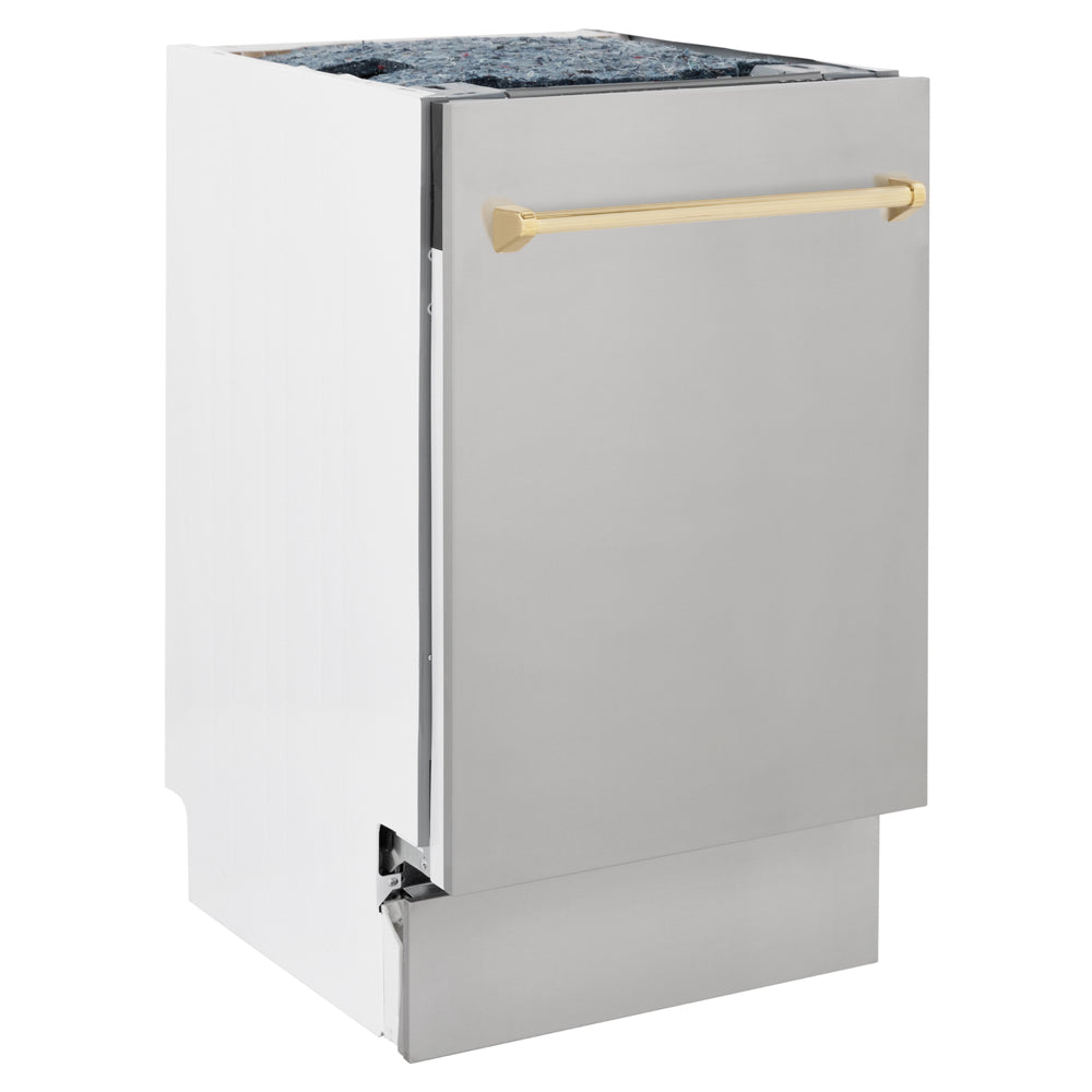 ZLINE Autograph Edition 18 in. Tallac Series 3rd Rack Dishwasher with Auto Door Open Drying, 51dBa, Stainless Steel Panel with Polished Gold Handle (DWVZ-304-18-G) side.