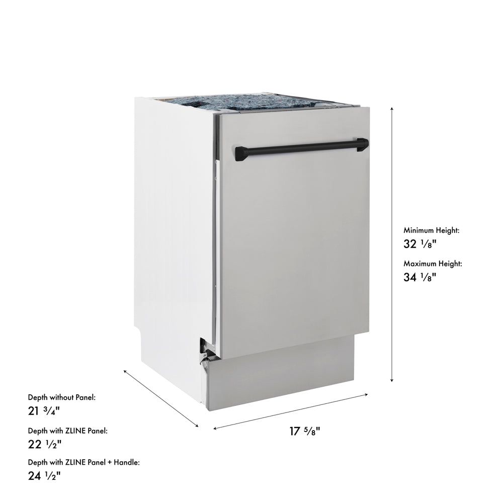 ZLINE Autograph Edition 18 in. Tallac Series 3rd Rack Dishwasher with Auto Door Open Drying, 51dBa, Stainless Steel Panel with Matte Black Handle (DWVZ-304-18-MB) with dimensions labeled.