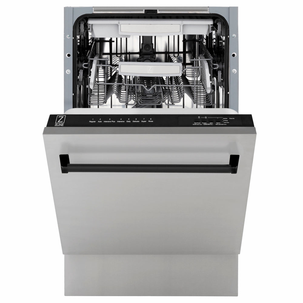 ZLINE Autograph Edition 18 in. Tallac Series 3rd Rack Dishwasher with Auto Door Open Drying, 51dBa, Stainless Steel Panel with Matte Black Handle (DWVZ-304-18-MB) front, door half open.