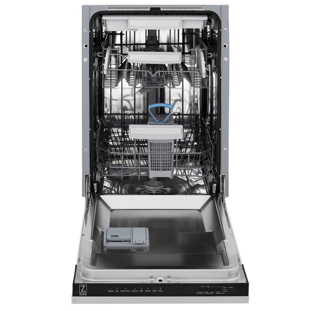 ZLINE Autograph Edition 18 in. Tallac Series 3rd Rack Dishwasher with Auto Door Open Drying, 51dBa, Stainless Steel Panel with Matte Black Handle (DWVZ-304-18-MB) front, door open.