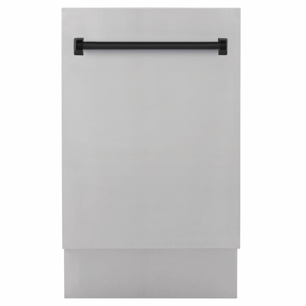 ZLINE Autograph Edition 18 in. Tallac Series 3rd Rack Dishwasher with Auto Door Open Drying, 51dBa, Stainless Steel Panel with Matte Black Handle (DWVZ-304-18-MB) main image.