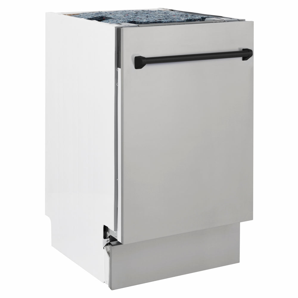 ZLINE Autograph Edition 18 in. Tallac Series 3rd Rack Dishwasher with Auto Door Open Drying, 51dBa, Stainless Steel Panel with Matte Black Handle (DWVZ-304-18-MB) side.