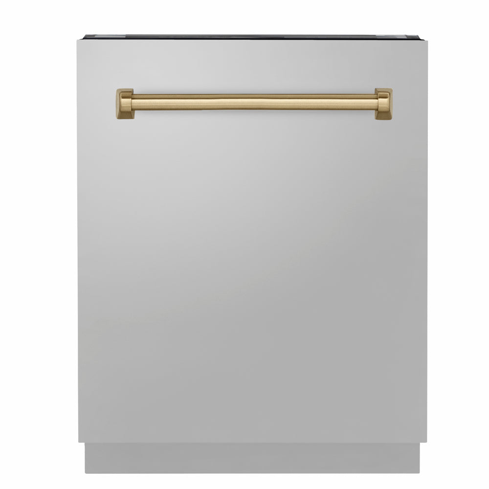 ZLINE Autograph Edition 24 in. Tallac Series 3rd Rack Dishwasher with Auto Door Open Drying, 51dBa, Stainless Steel Panel with Champagne Bronze Handle (DWVZ-304-24-CB)