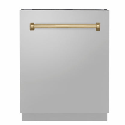 ZLINE Autograph Edition 24 in. Tallac Series 3rd Rack Dishwasher with Auto Door Open Drying, 51dBa, Stainless Steel Panel with Champagne Bronze Handle (DWVZ-304-24-CB)