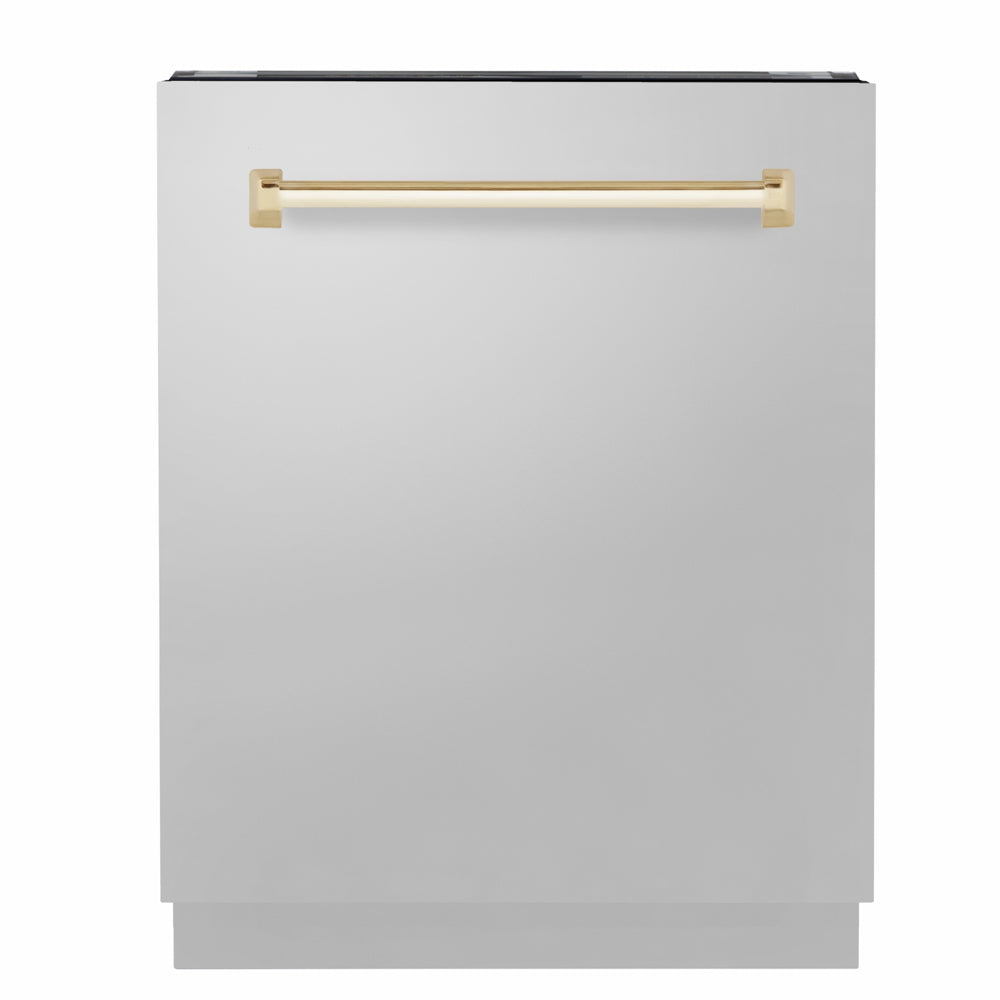 ZLINE Autograph Edition 24 in. Tallac Series 3rd Rack Dishwasher with Auto Door Open Drying, 51dBa, Stainless Steel Panel with Polished Gold Handle (DWVZ-304-24-G)