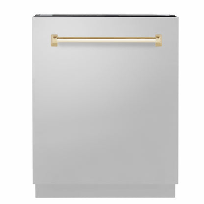 ZLINE Autograph Edition 24 in. Tallac Series 3rd Rack Dishwasher with Auto Door Open Drying, 51dBa, Stainless Steel Panel with Polished Gold Handle (DWVZ-304-24-G)