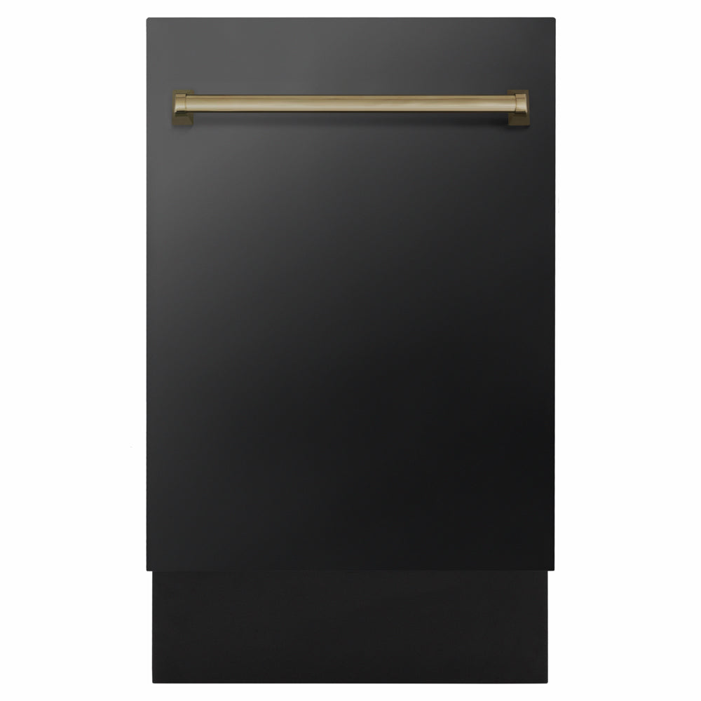 ZLINE Autograph Edition 18 in. Tallac Series 3rd Rack Dishwasher with Auto Door Open Drying, 51dBa, Black Stainless Steel Panel with Champagne Bronze Handle (DWVZ-BS-18-CB)