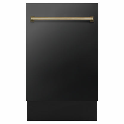 ZLINE Autograph Edition 18 in. Tallac Series 3rd Rack Dishwasher with Auto Door Open Drying, 51dBa, Black Stainless Steel Panel with Champagne Bronze Handle (DWVZ-BS-18-CB)