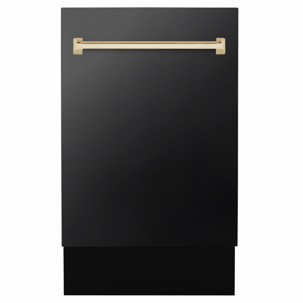 ZLINE Autograph Edition 18 in. Tallac Series 3rd Rack Dishwasher with Auto Door Open Drying, 51dBa, Black Stainless Steel Panel with Polished Gold Handle (DWVZ-BS-18-G)