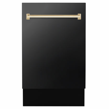 ZLINE Autograph Edition 18 in. Tallac Series 3rd Rack Dishwasher with Auto Door Open Drying, 51dBa, Black Stainless Steel Panel with Polished Gold Handle (DWVZ-BS-18-G)