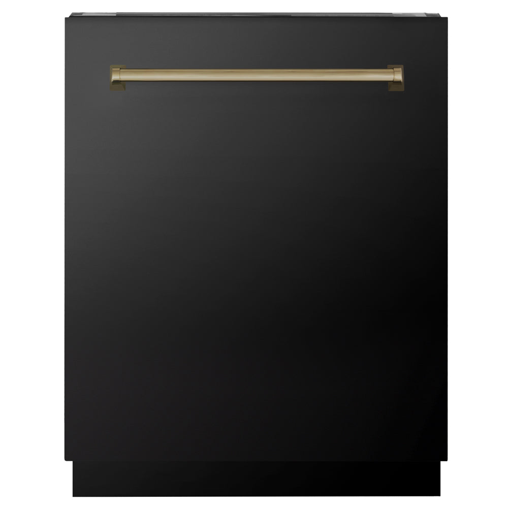 ZLINE Autograph Edition 24 in. Tallac Series 3rd Rack Dishwasher with Auto Door Open Drying, 51dBa, Black Stainless Steel Panel with Champagne Bronze Handle (DWVZ-BS-24-CB)