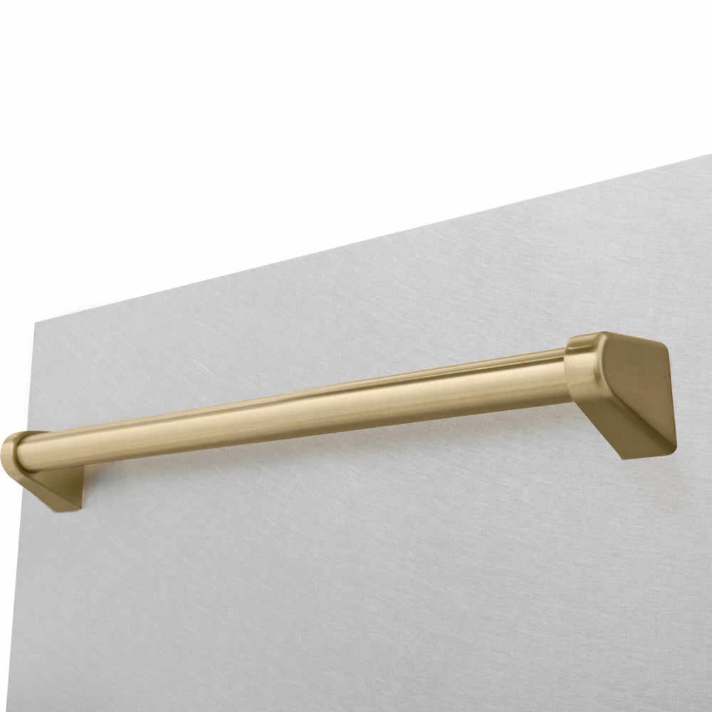 ZLINE Autograph Edition 18 in. Tallac Series 3rd Rack Dishwasher with Auto Door Open Drying, 51dBa, Satin Stainless Steel Panel with Champagne Bronze Handle (DWVZ-SN-18-CB) close-up, handle location.