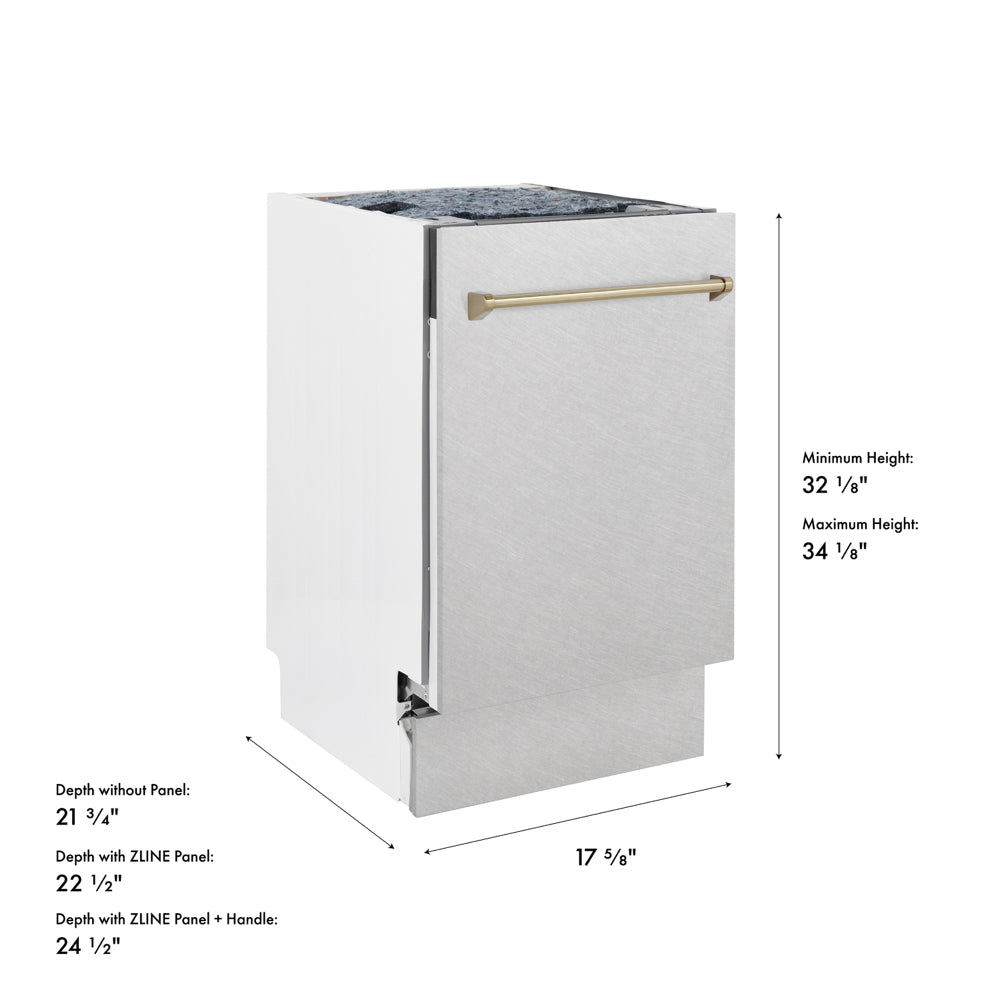 ZLINE Autograph Edition 18 in. Tallac Series 3rd Rack Dishwasher with Auto Door Open Drying, 51dBa, Satin Stainless Steel Panel with Champagne Bronze Handle (DWVZ-SN-18-CB) with dimensions labeled.