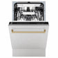 ZLINE Autograph Edition 18 in. Tallac Series 3rd Rack Dishwasher with Auto Door Open Drying, 51dBa, Satin Stainless Steel Panel with Champagne Bronze Handle (DWVZ-SN-18-CB) front, door half open.