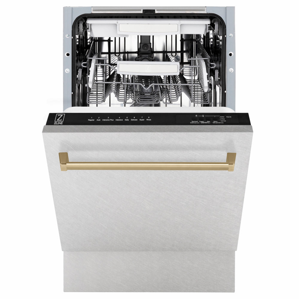 ZLINE Autograph Edition 18 in. Tallac Series 3rd Rack Dishwasher with Auto Door Open Drying, 51dBa, Satin Stainless Steel Panel with Champagne Bronze Handle (DWVZ-SN-18-CB) front, door half open.