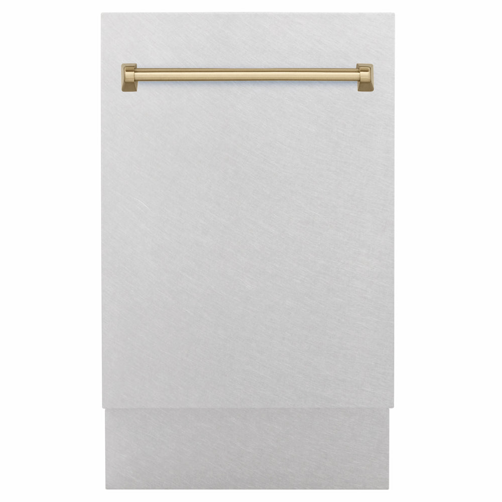 ZLINE Autograph Edition 18 in. Tallac Series 3rd Rack Dishwasher with Auto Door Open Drying, 51dBa, Satin Stainless Steel Panel with Champagne Bronze Handle (DWVZ-SN-18-CB) main image.