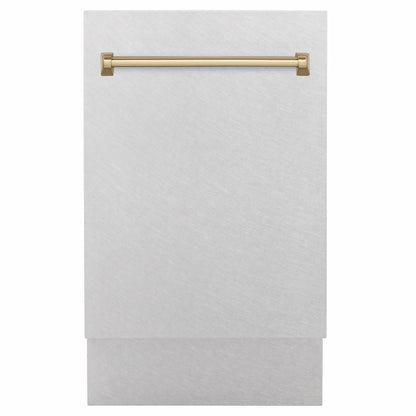 ZLINE Autograph Edition 18 in. Tallac Series 3rd Rack Dishwasher with Auto Door Open Drying, 51dBa, Satin Stainless Steel Panel with Champagne Bronze Handle (DWVZ-SN-18-CB) main image.