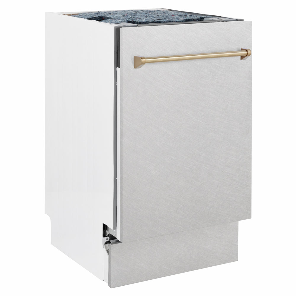 ZLINE Autograph Edition 18 in. Tallac Series 3rd Rack Dishwasher with Auto Door Open Drying, 51dBa, Satin Stainless Steel Panel with Champagne Bronze Handle (DWVZ-SN-18-CB) side.