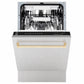 ZLINE Autograph Edition 18 in. Tallac Series 3rd Rack Dishwasher with Auto Door Open Drying, 51dBa, Satin Stainless Steel Panel with Polished Gold Handle (DWVZ-SN-18-G) front, door half open.