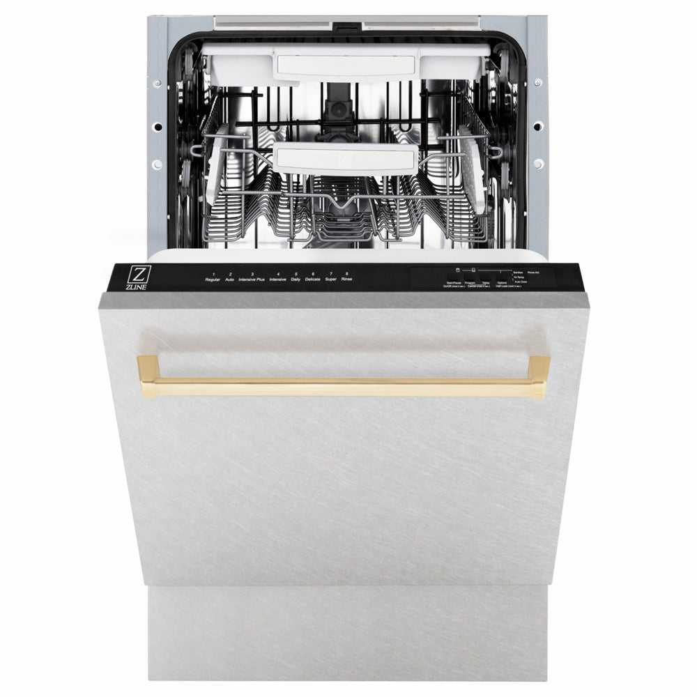 ZLINE Autograph Edition 18 in. Tallac Series 3rd Rack Dishwasher with Auto Door Open Drying, 51dBa, Satin Stainless Steel Panel with Polished Gold Handle (DWVZ-SN-18-G) front, door half open.