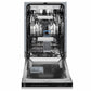 ZLINE Autograph Edition 18 in. Tallac Series 3rd Rack Dishwasher with Auto Door Open Drying, 51dBa, Satin Stainless Steel Panel with Polished Gold Handle (DWVZ-SN-18-G) front, door open.