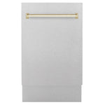 ZLINE Autograph Edition 18 in. Tallac Series 3rd Rack Dishwasher with Auto Door Open Drying, 51dBa, Satin Stainless Steel Panel with Polished Gold Handle (DWVZ-SN-18-G) main image.