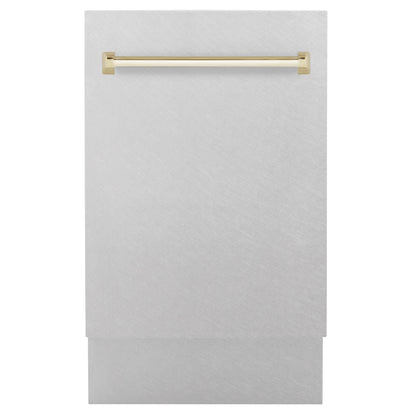 ZLINE Autograph Edition 18 in. Tallac Series 3rd Rack Dishwasher with Auto Door Open Drying, 51dBa, Satin Stainless Steel Panel with Polished Gold Handle (DWVZ-SN-18-G) main image.
