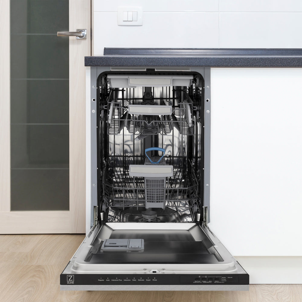 ZLINE Autograph Edition 18 in. Tallac Series 3rd Rack Dishwasher with Auto Door Open Drying, 51dBa, Satin Stainless Steel Panel with Polished Gold Handle (DWVZ-SN-18-G) front, open, in a kitchen setting with visible interior components.