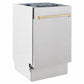 ZLINE Autograph Edition 18 in. Tallac Series 3rd Rack Dishwasher with Auto Door Open Drying, 51dBa, Satin Stainless Steel Panel with Polished Gold Handle (DWVZ-SN-18-G) side.