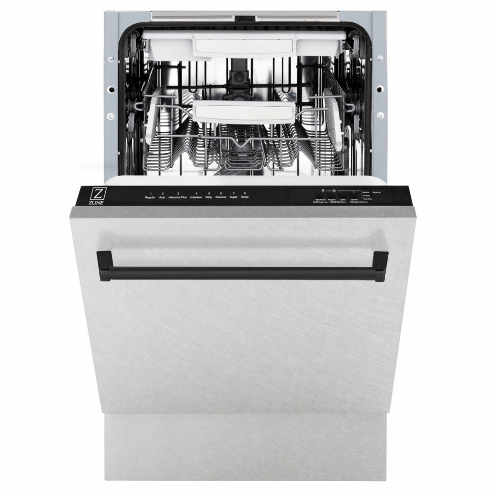 ZLINE Autograph Edition 18 in. Tallac Series 3rd Rack Dishwasher with Auto Door Open Drying, 51dBa, Satin Stainless Steel Panel with Matte Black Handle (DWVZ-SN-18-MB) front, door half open.