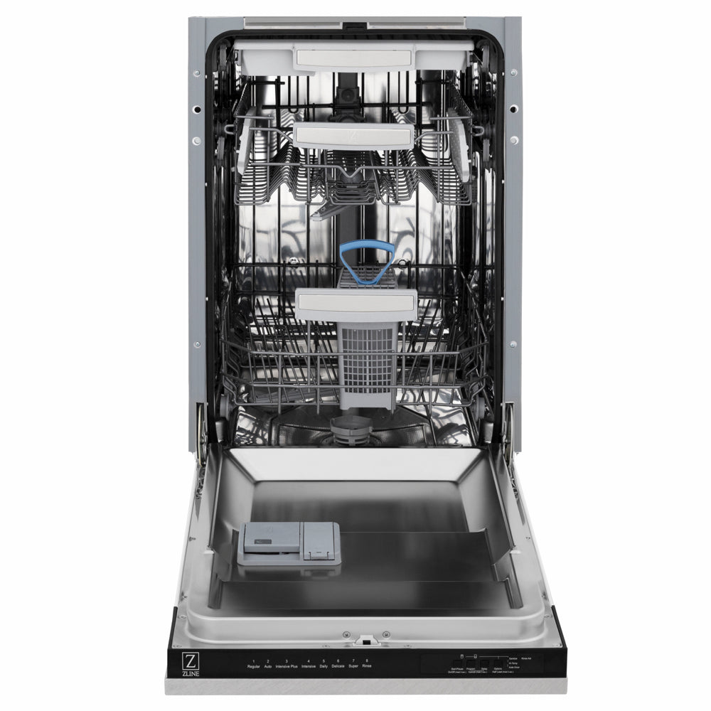 ZLINE Autograph Edition 18 in. Tallac Series 3rd Rack Dishwasher with Auto Door Open Drying, 51dBa, Satin Stainless Steel Panel with Matte Black Handle (DWVZ-SN-18-MB) front, door open.