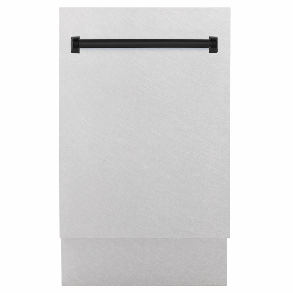 ZLINE Autograph Edition 18 in. Tallac Series 3rd Rack Dishwasher with Auto Door Open Drying, 51dBa, Satin Stainless Steel Panel with Matte Black Handle (DWVZ-SN-18-MB) main image.