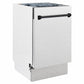 ZLINE Autograph Edition 18 in. Tallac Series 3rd Rack Dishwasher with Auto Door Open Drying, 51dBa, Satin Stainless Steel Panel with Matte Black Handle (DWVZ-SN-18-MB) side.