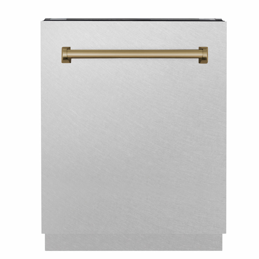 ZLINE Autograph Edition 24 in. Tallac Series 3rd Rack Dishwasher with Auto Door Open Drying, 51dBa, Satin Stainless Steel Panel with Champagne Bronze Handle (DWVZ-SN-24-CB)
