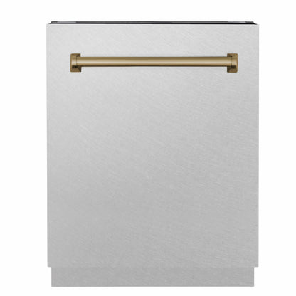 ZLINE Autograph Edition 24 in. Tallac Series 3rd Rack Dishwasher with Auto Door Open Drying, 51dBa, Satin Stainless Steel Panel with Champagne Bronze Handle (DWVZ-SN-24-CB)