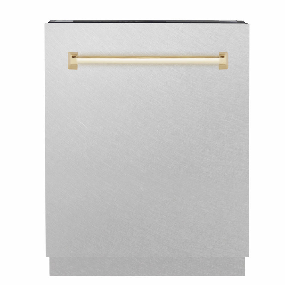ZLINE Autograph Edition 24 in. Tallac Series 3rd Rack Dishwasher with Auto Door Open Drying, 51dBa, Satin Stainless Steel Panel with Polished Gold Handle (DWVZ-SN-24-G)