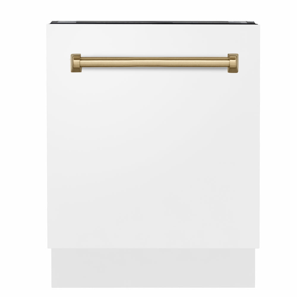 ZLINE Autograph Edition 24 in. Tallac Series 3rd Rack Dishwasher with Auto Door Open Drying, 51dBa, White Matte Panel with Champagne Bronze Handle (DWVZ-WM-24-CB)