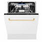ZLINE Autograph Edition 24 in. Tallac Series 3rd Rack Dishwasher with Auto Door Open Drying, 51dBa, White Matte Panel with Polished Gold Handle (DWVZ-WM-24-G)