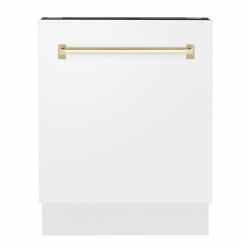 ZLINE Autograph Edition 24 in. Tallac Series 3rd Rack Dishwasher with Auto Door Open Drying, 51dBa, White Matte Panel with Polished Gold Handle (DWVZ-WM-24-G)